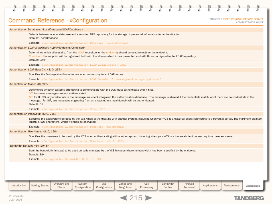 Xconfiguration authenticatio, Xconfiguration authentication lda, Xconfiguration bandwidth defaul | Command reference - xconfiguration | TANDBERG D14049.04 User Manual | Page 215 / 276