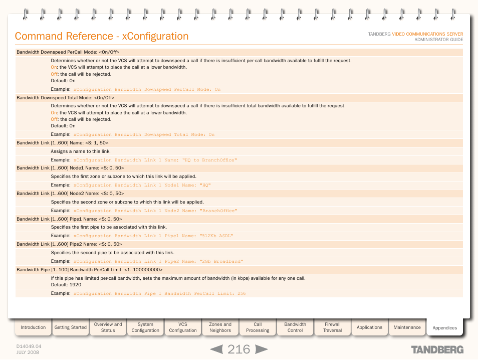 Xconfiguration, Bandwidth link, Xconfiguration bandwidth pip | Xconfiguration bandwidth downspee, Command reference - xconfiguration | TANDBERG D14049.04 User Manual | Page 216 / 276