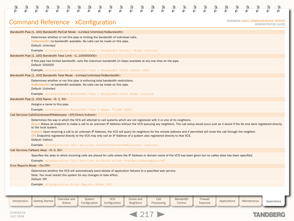 Xconfiguration call service, Xconfiguration call services fallback alia, Xconfiguration error reports | Command reference - xconfiguration | TANDBERG D14049.04 User Manual | Page 217 / 276