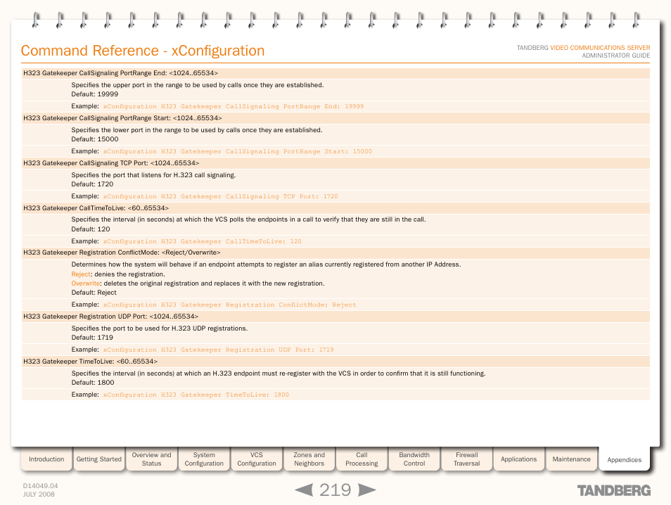 Command reference - xconfiguration | TANDBERG D14049.04 User Manual | Page 219 / 276