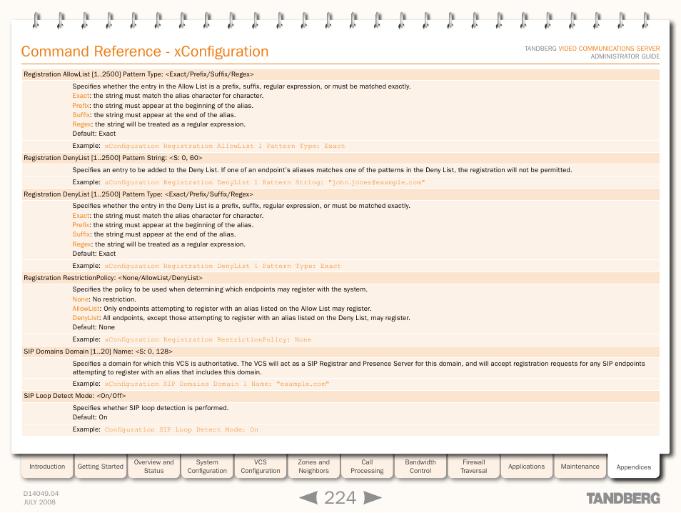 Xconfiguration si, Xconfiguration sip domain, Xconfiguration registration restrictionpolic | Xconfiguration registration, Command reference - xconfiguration | TANDBERG D14049.04 User Manual | Page 224 / 276