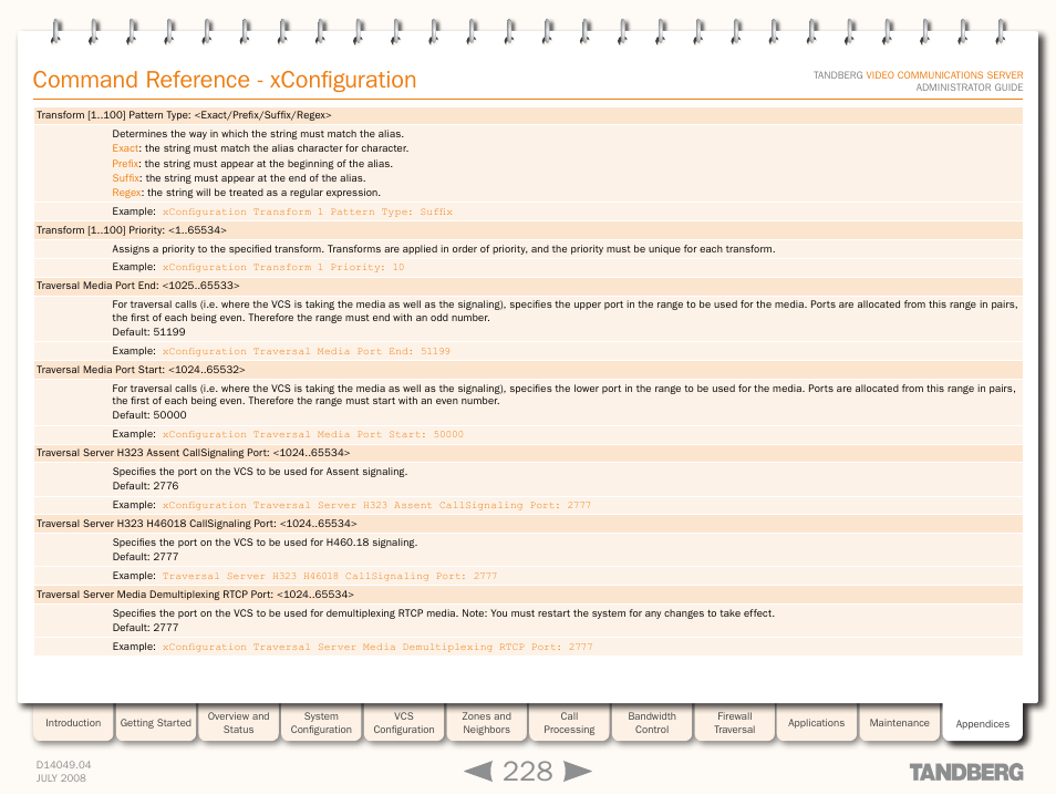Xconfiguration traversal media port star, Xconfiguration traversal media port en, Xconfiguration traversal server | Command reference - xconfiguration | TANDBERG D14049.04 User Manual | Page 228 / 276