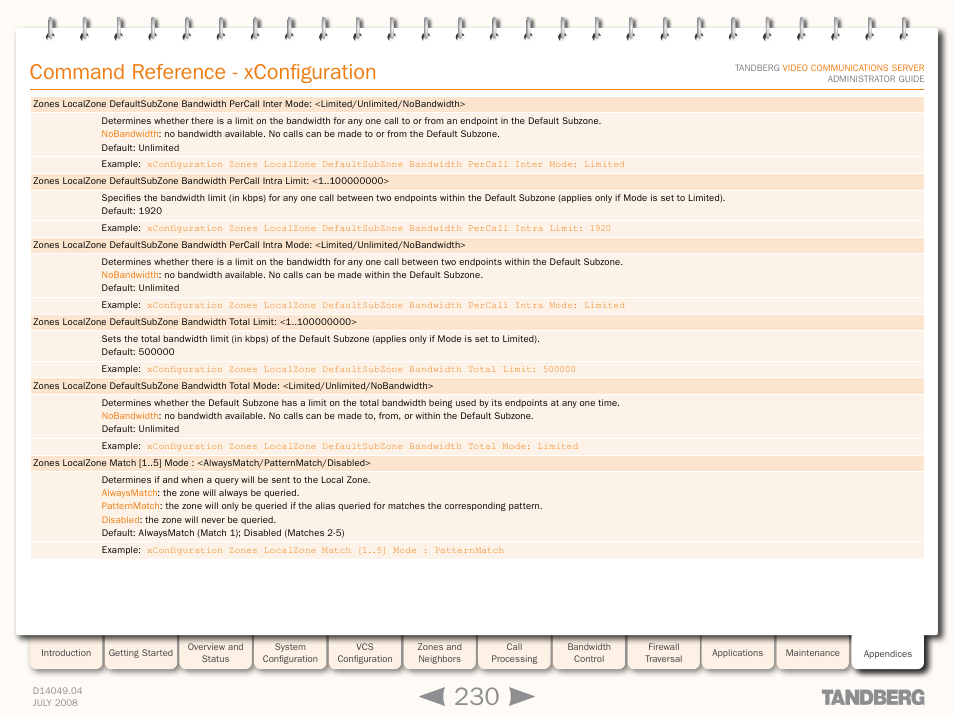 Xconfiguration zones localzone match [1, Command reference - xconfiguration | TANDBERG D14049.04 User Manual | Page 230 / 276