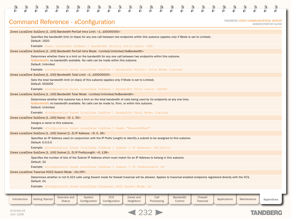 Xconfiguration zones localzone, Command reference - xconfiguration | TANDBERG D14049.04 User Manual | Page 232 / 276