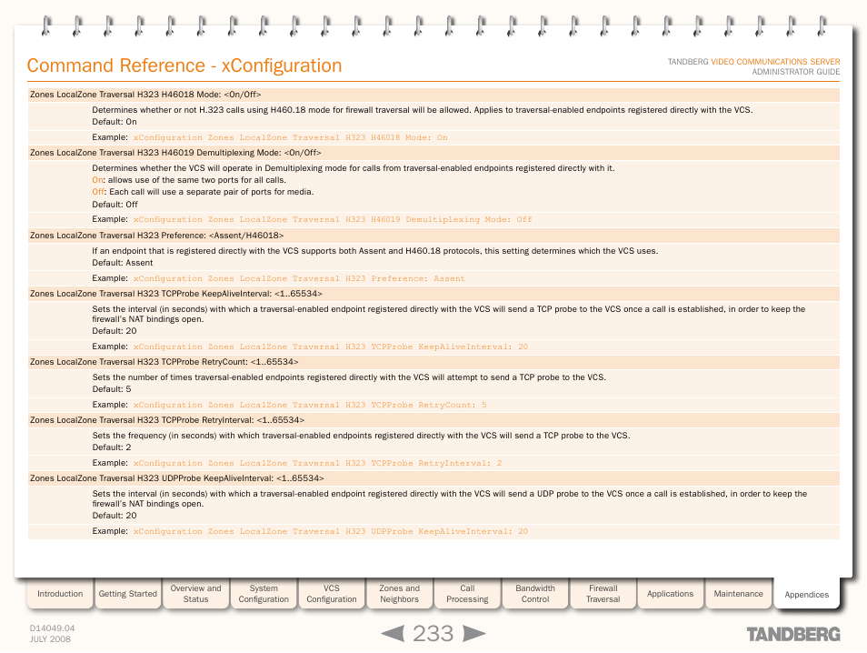 Command reference - xconfiguration | TANDBERG D14049.04 User Manual | Page 233 / 276