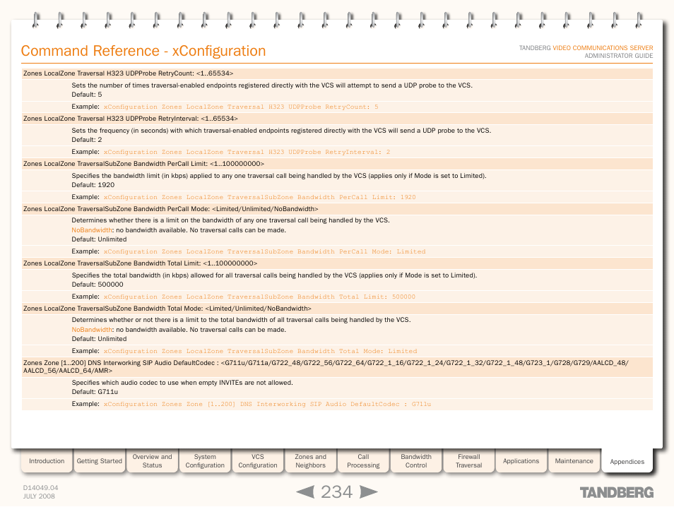 Command reference - xconfiguration | TANDBERG D14049.04 User Manual | Page 234 / 276