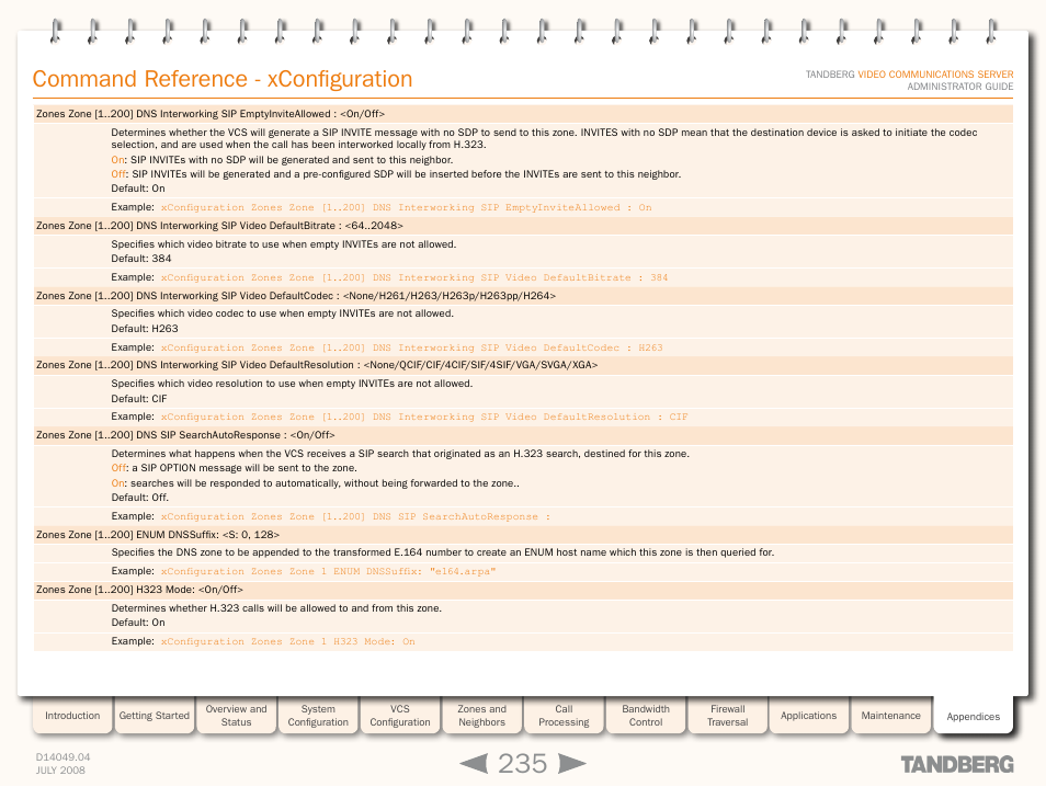 Xconfiguration zones zone [1, Xconfiguration zones zon, Command reference - xconfiguration | TANDBERG D14049.04 User Manual | Page 235 / 276