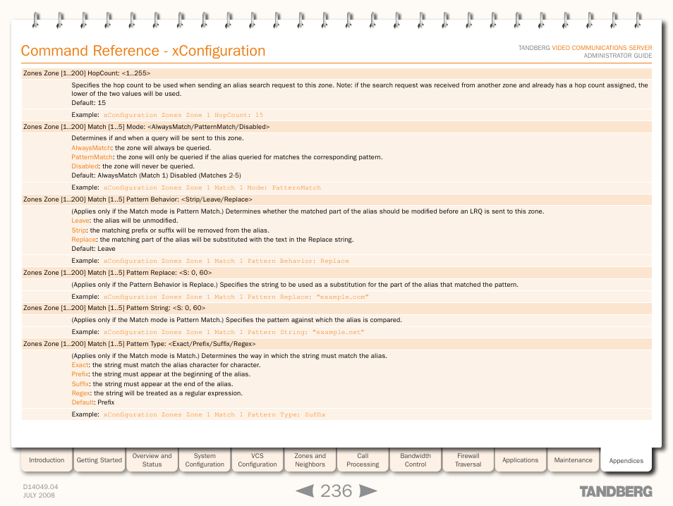 Xconfiguration zones zone [1 ] hopcoun, Xconfiguration zones zone [1 ] match [1, Command reference - xconfiguration | TANDBERG D14049.04 User Manual | Page 236 / 276