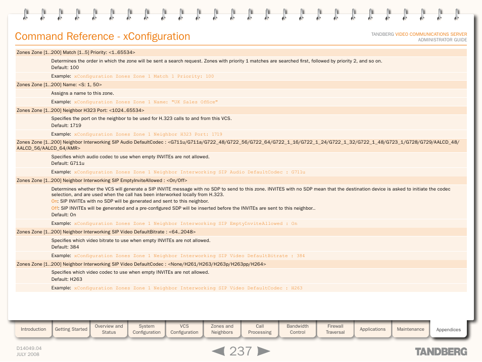 Command reference - xconfiguration | TANDBERG D14049.04 User Manual | Page 237 / 276