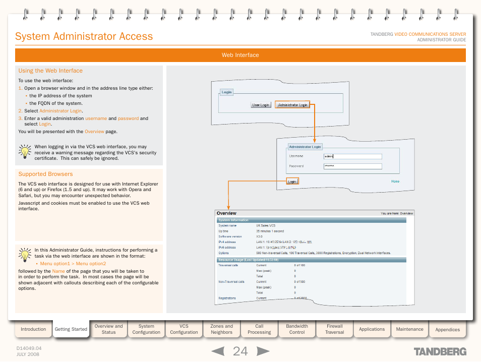 Web interface, Using the web interface, Supported browsers | Using the web interface supported browsers, Connecting via a web browser, System administrator access | TANDBERG D14049.04 User Manual | Page 24 / 276