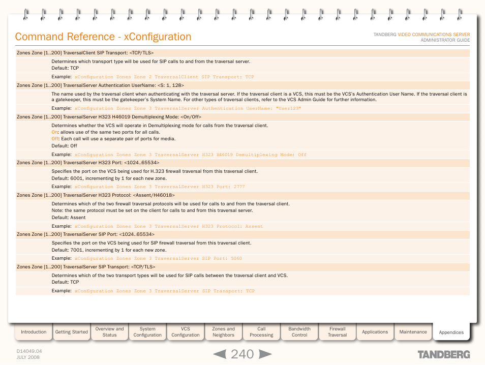 Xconfiguration zones zone [1, Command reference - xconfiguration | TANDBERG D14049.04 User Manual | Page 240 / 276