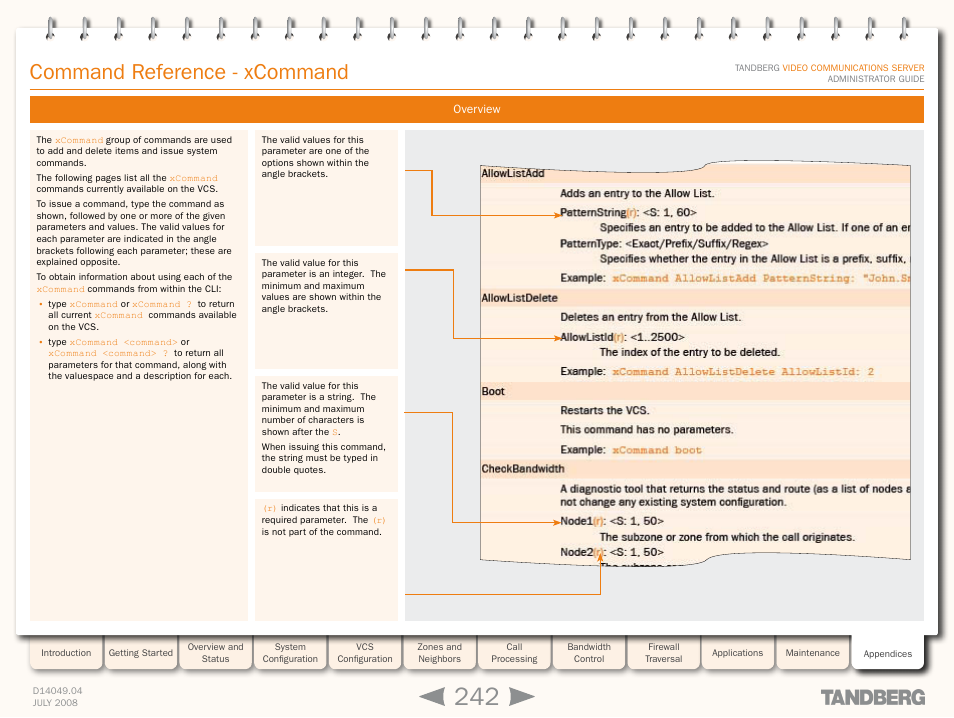 Command reference - xcommand, Xcommand <command, Xcommand | Xcommand command referenc | TANDBERG D14049.04 User Manual | Page 242 / 276