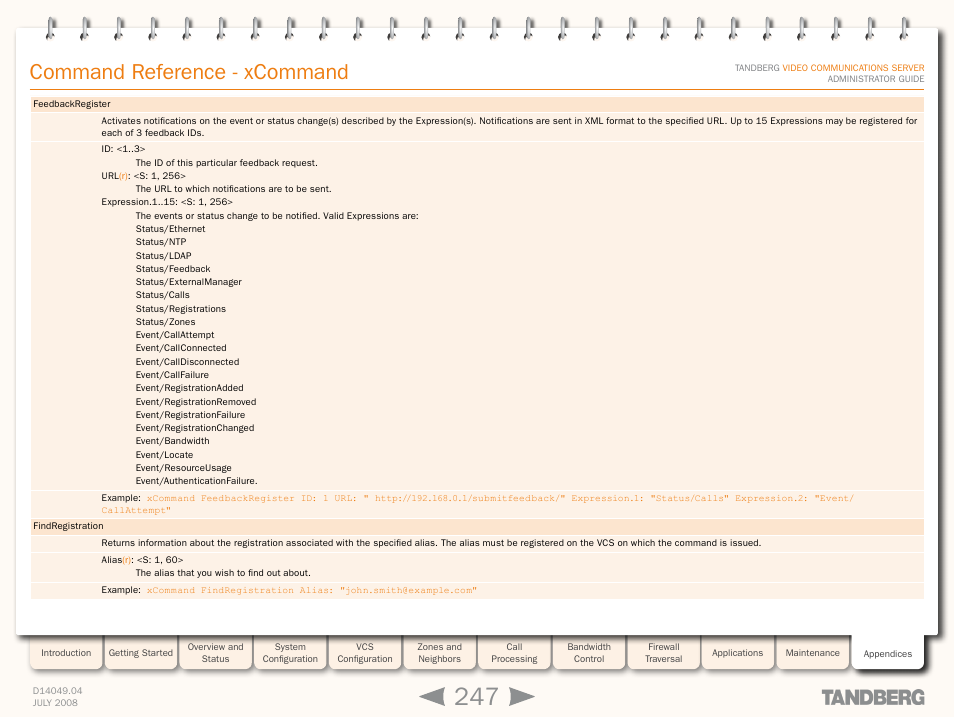 Command reference - xcommand | TANDBERG D14049.04 User Manual | Page 247 / 276