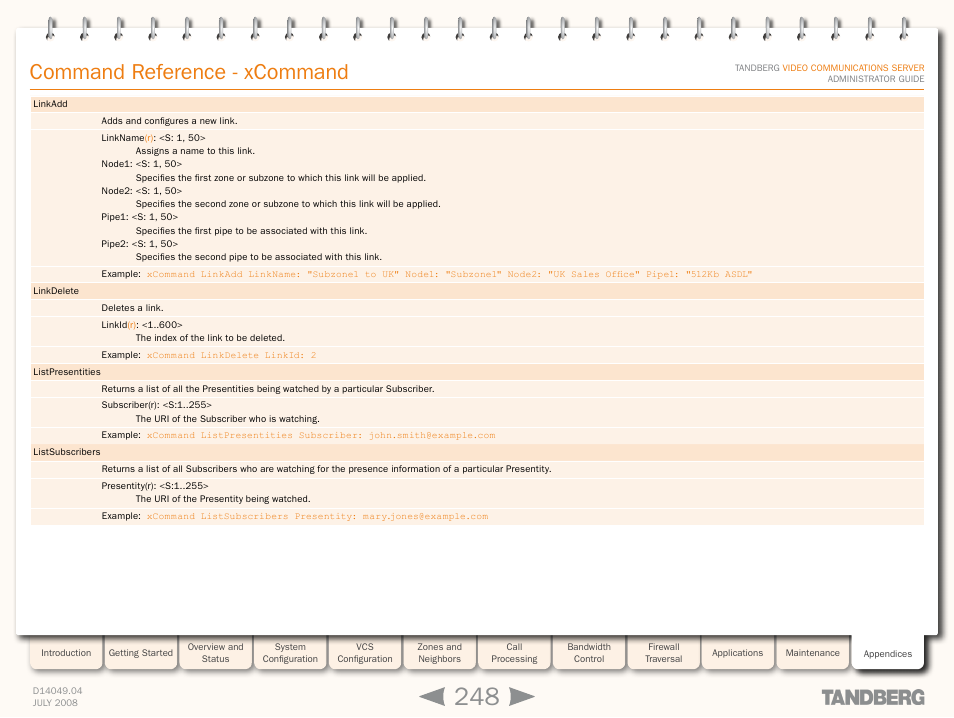 Xcommand linkad, Command reference - xcommand | TANDBERG D14049.04 User Manual | Page 248 / 276