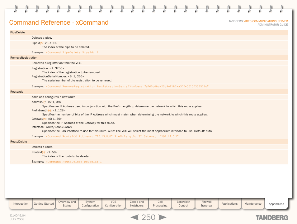 Xcommand routead, Command reference - xcommand | TANDBERG D14049.04 User Manual | Page 250 / 276