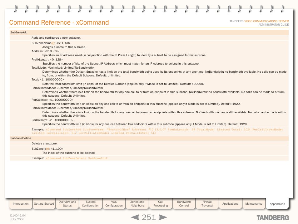 Xcommand subzonead, Command reference - xcommand | TANDBERG D14049.04 User Manual | Page 251 / 276