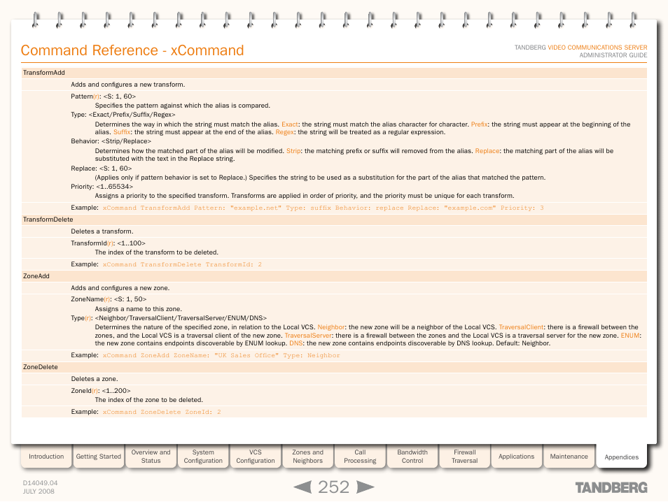 Xcommand zonead, Command reference - xcommand | TANDBERG D14049.04 User Manual | Page 252 / 276