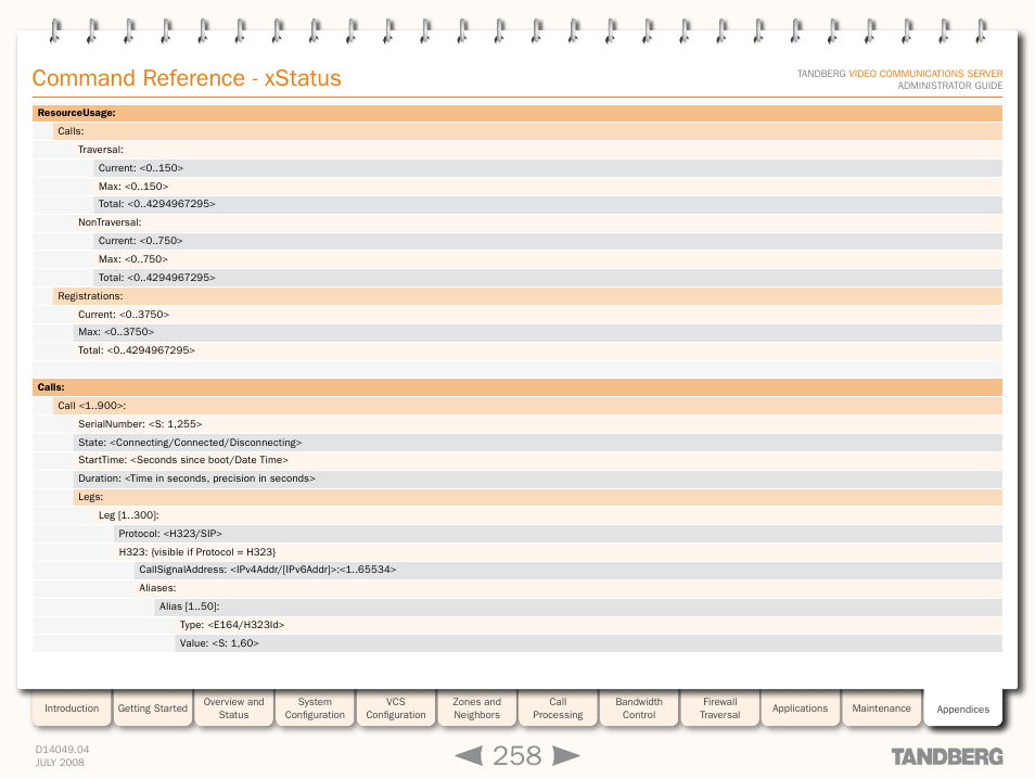 Xstatus call, Command reference - xstatus | TANDBERG D14049.04 User Manual | Page 258 / 276
