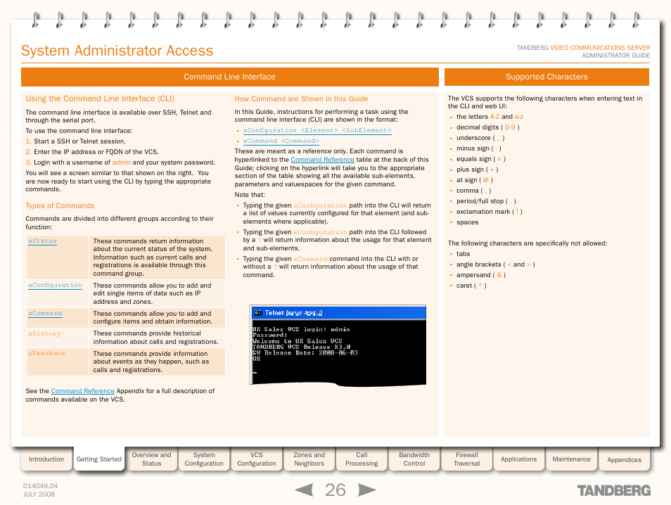 Command line interface, Using the command line interface (cli), Types of commands | How command are shown in this guide, Supported characters, System administrator access | TANDBERG D14049.04 User Manual | Page 26 / 276