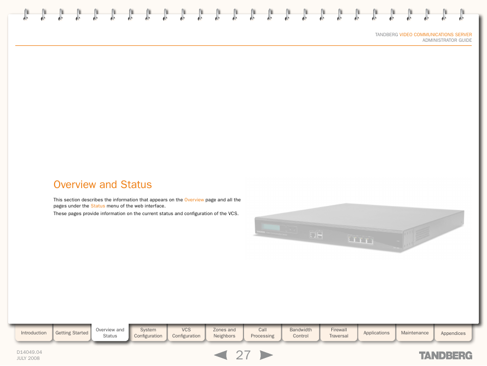 Overview and status, Overview and, Status | Licenses | TANDBERG D14049.04 User Manual | Page 27 / 276