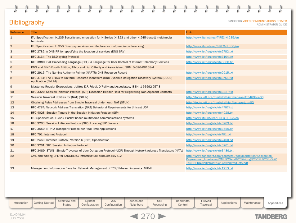 Bibliography, Rfc 1213 [23, Rfc 3164 [4 | Rfc 3327 [10, Itu h.235 specification [1, Itu h.350, Specification [2, Rfc 2915 [7, Rfc 3761 [8, Rfc 4028 [14 | TANDBERG D14049.04 User Manual | Page 270 / 276