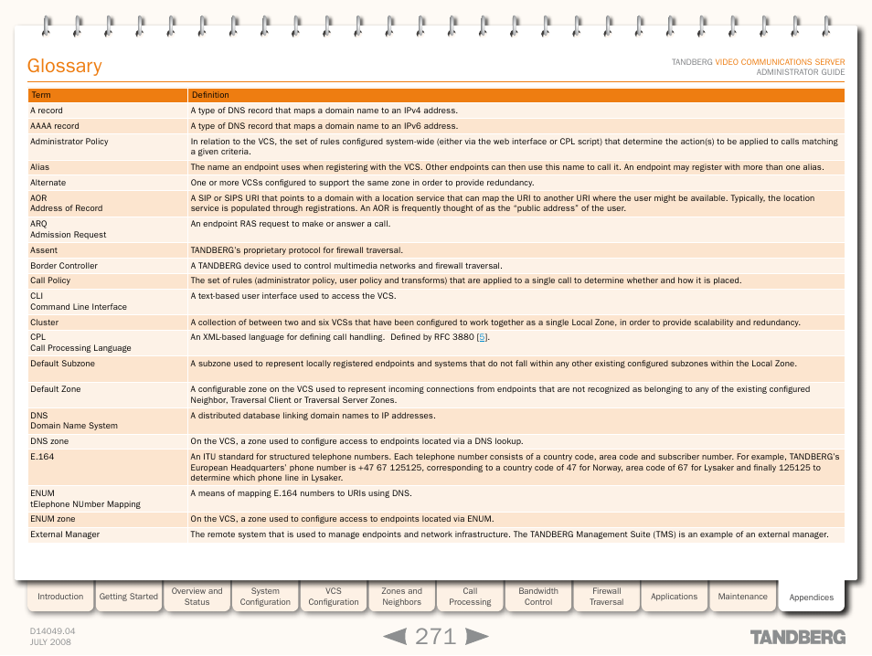 Glossary, Glossar | TANDBERG D14049.04 User Manual | Page 271 / 276