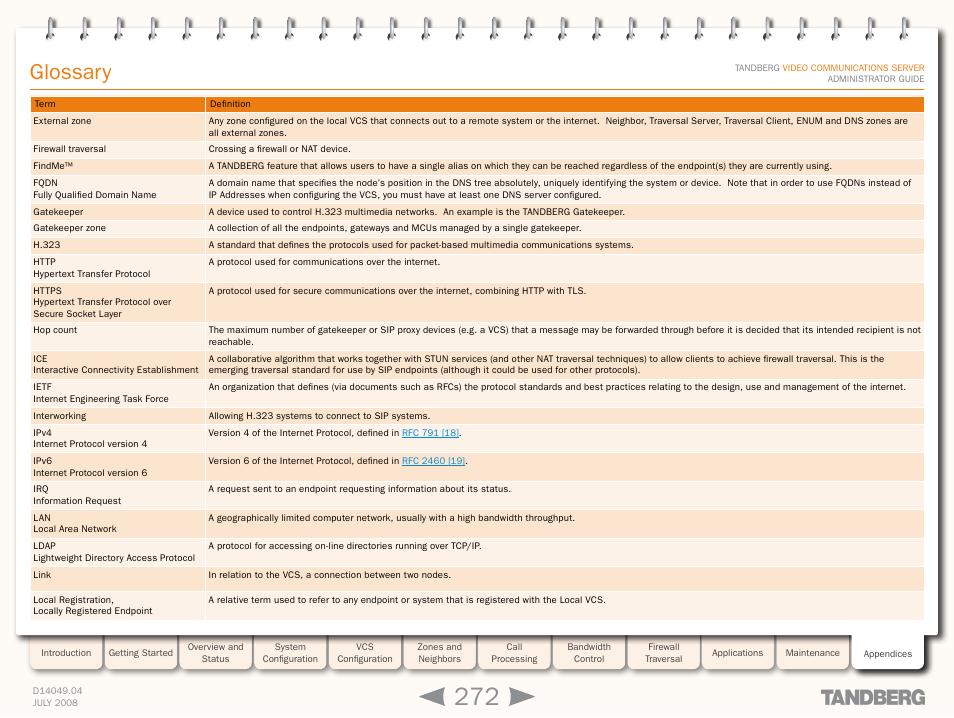 Glossary | TANDBERG D14049.04 User Manual | Page 272 / 276