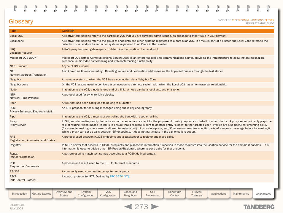 Glossary | TANDBERG D14049.04 User Manual | Page 273 / 276