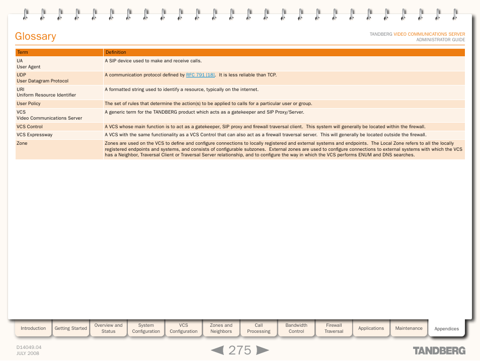 Glossary | TANDBERG D14049.04 User Manual | Page 275 / 276