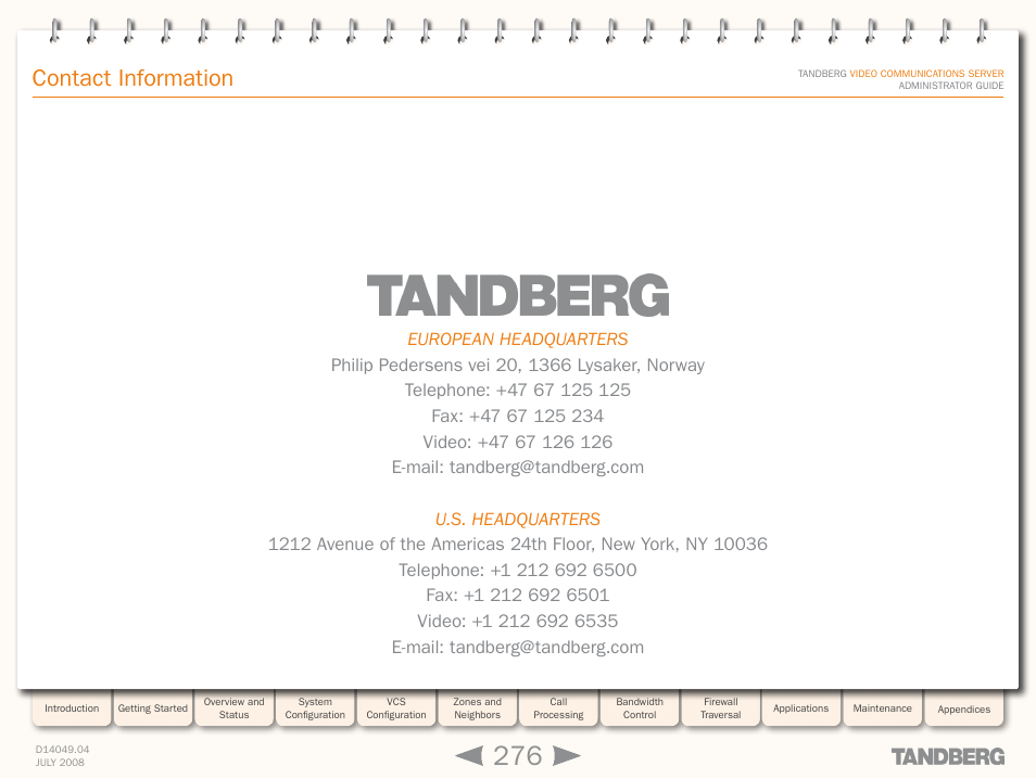 Contact information | TANDBERG D14049.04 User Manual | Page 276 / 276