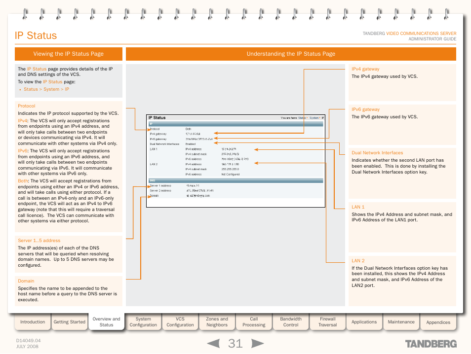 Ip status | TANDBERG D14049.04 User Manual | Page 31 / 276