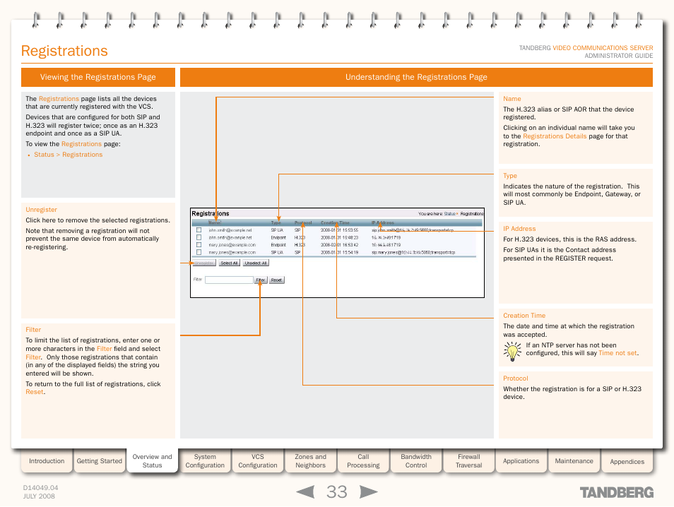 Registrations | TANDBERG D14049.04 User Manual | Page 33 / 276