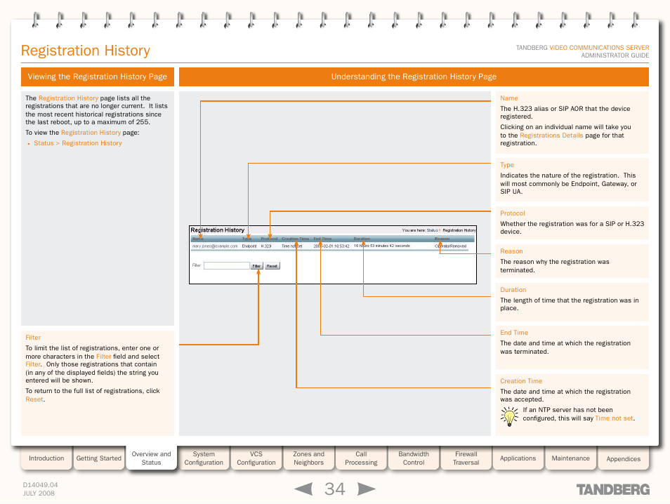 Registration history | TANDBERG D14049.04 User Manual | Page 34 / 276