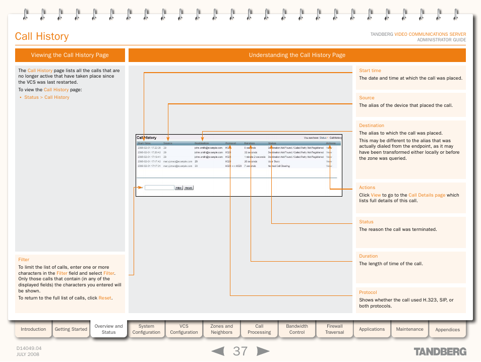 Call history | TANDBERG D14049.04 User Manual | Page 37 / 276