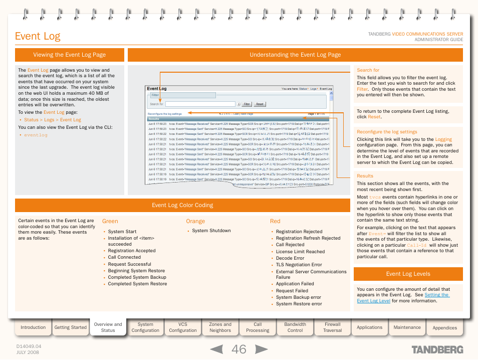 Event log, Event log color coding, Green | Orange, Event log levels, Green orange red | TANDBERG D14049.04 User Manual | Page 46 / 276