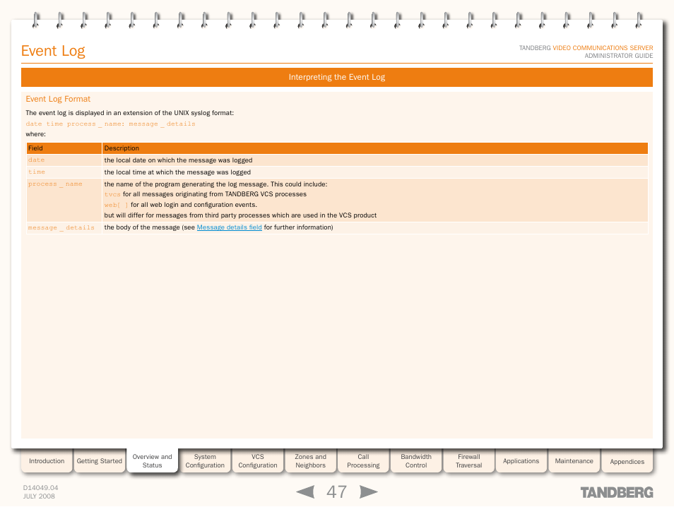 Interpreting the event log, Event log format, Event log | TANDBERG D14049.04 User Manual | Page 47 / 276