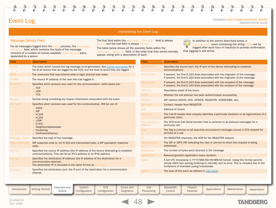 Message details field, Event log | TANDBERG D14049.04 User Manual | Page 48 / 276