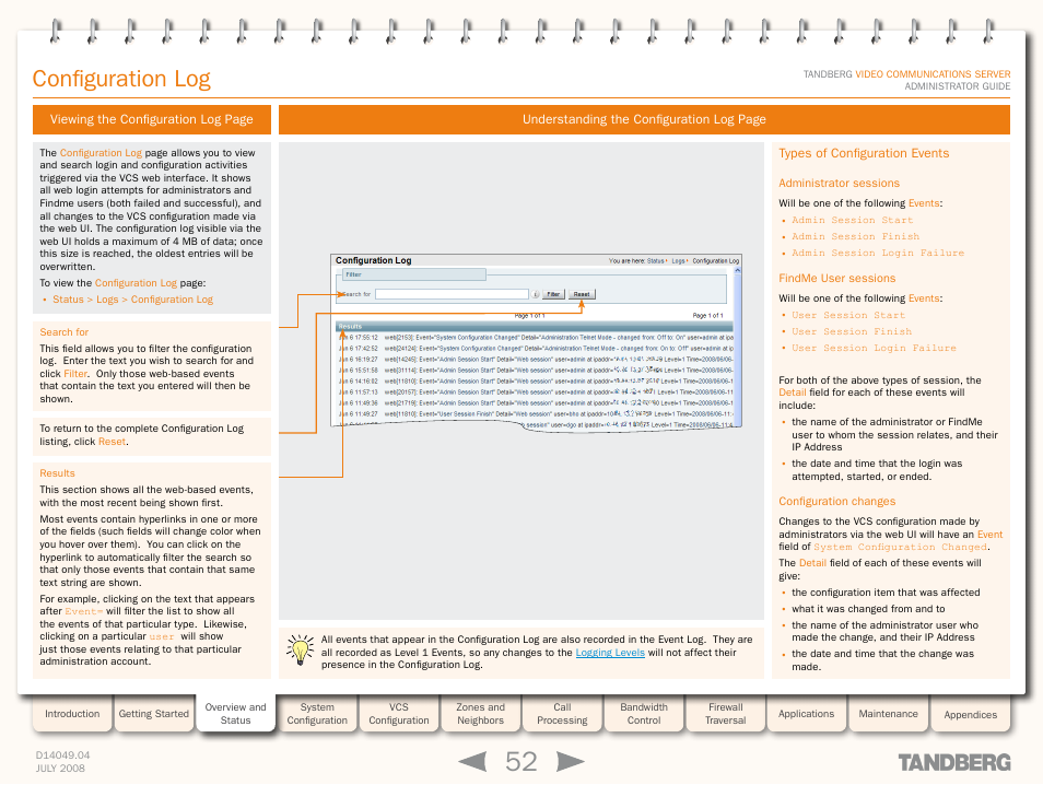 Configuration log, Types of configuration events, Administrator sessions | Findme user sessions, Configuration changes | TANDBERG D14049.04 User Manual | Page 52 / 276