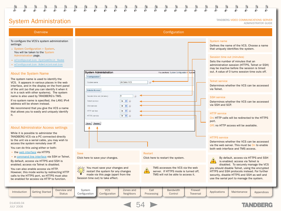 System administration, Overview, About the system name | About administrator access settings, Configuration, About the system, Name | TANDBERG D14049.04 User Manual | Page 54 / 276