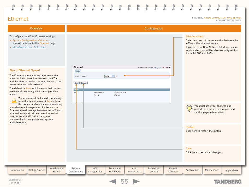Ethernet, Overview, About ethernet speed | Configuration, Ethernet speed | TANDBERG D14049.04 User Manual | Page 55 / 276