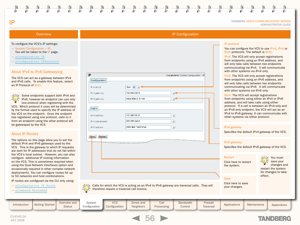 Overview, About ipv4 to ipv6 gatewaying, About ip routes | Ip configuration, About ipv4 to ipv6 gatewaying about ip routes, Ip protocol | TANDBERG D14049.04 User Manual | Page 56 / 276