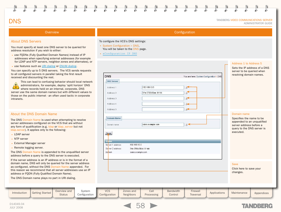 Overview, About dns servers, About the dns domain name | Configuration, About dns servers about the dns domain name | TANDBERG D14049.04 User Manual | Page 58 / 276