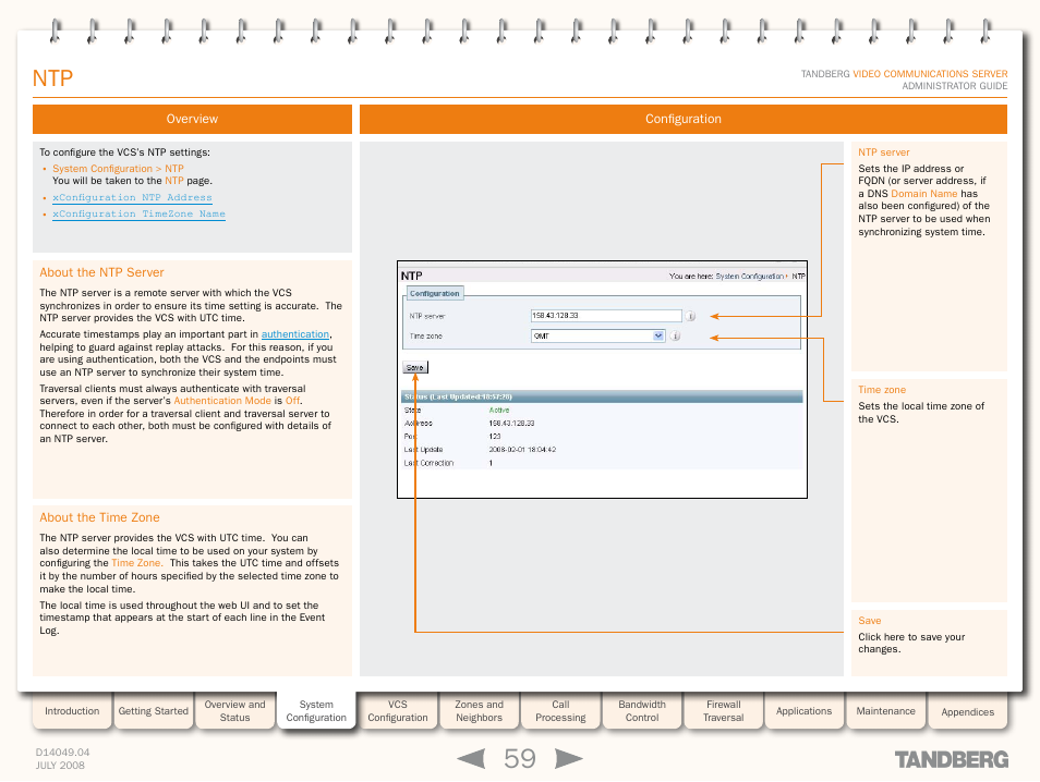 Overview, About the ntp server, About the time zone | Configuration, About the ntp server about the time zone | TANDBERG D14049.04 User Manual | Page 59 / 276