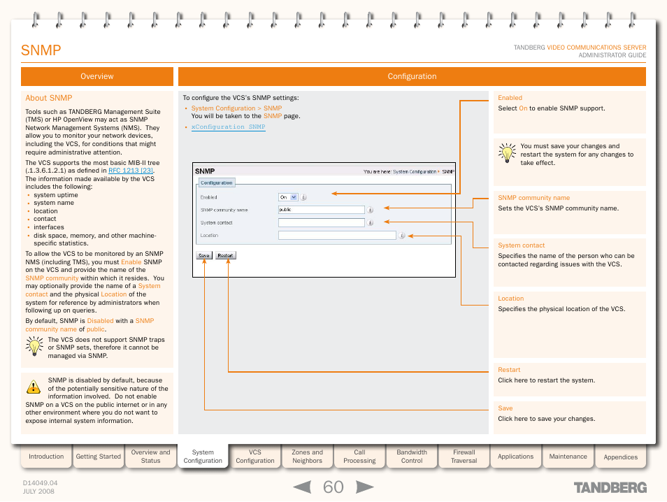 Snmp, Overview, About snmp | Configuration | TANDBERG D14049.04 User Manual | Page 60 / 276