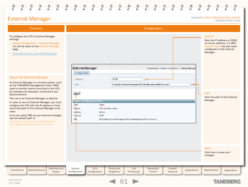 External manager, Overview, About the external manager | Configuration | TANDBERG D14049.04 User Manual | Page 61 / 276