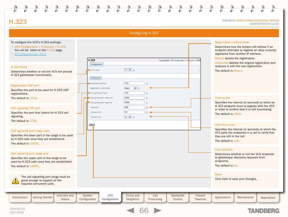 Configuring h.323, H.323 | TANDBERG D14049.04 User Manual | Page 66 / 276