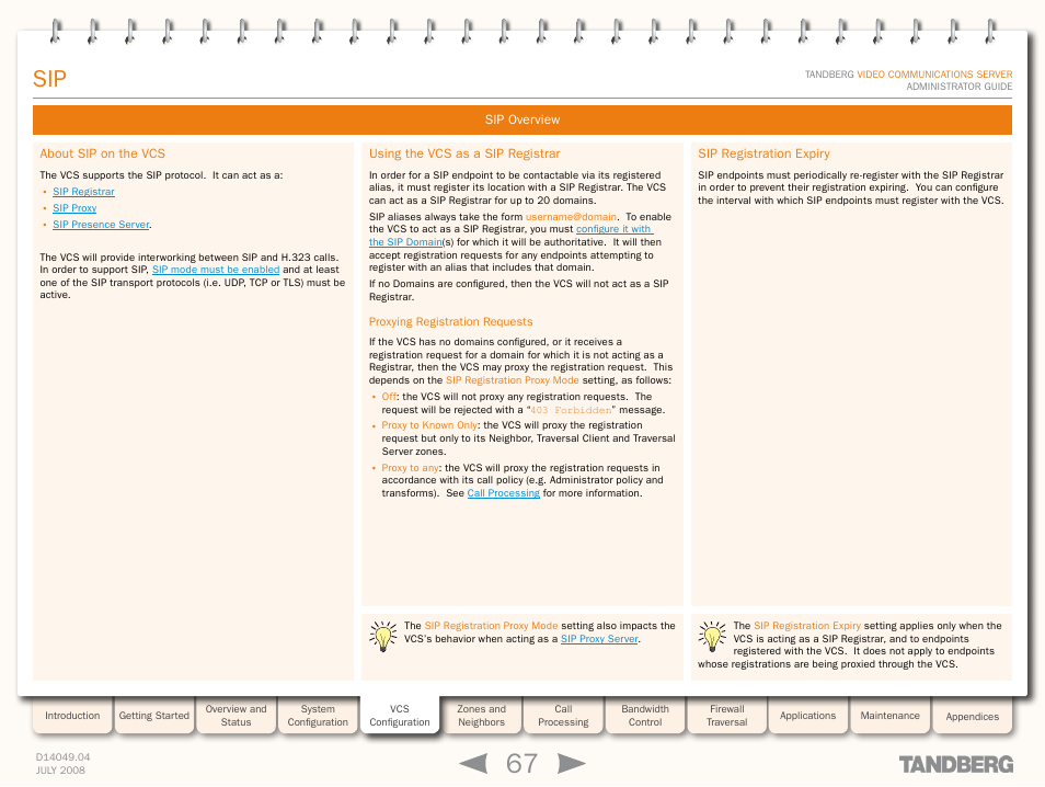 Sip overview, About sip on the vcs, Using the vcs as a sip registrar | Proxying registration requests, Sip registration expiry | TANDBERG D14049.04 User Manual | Page 67 / 276