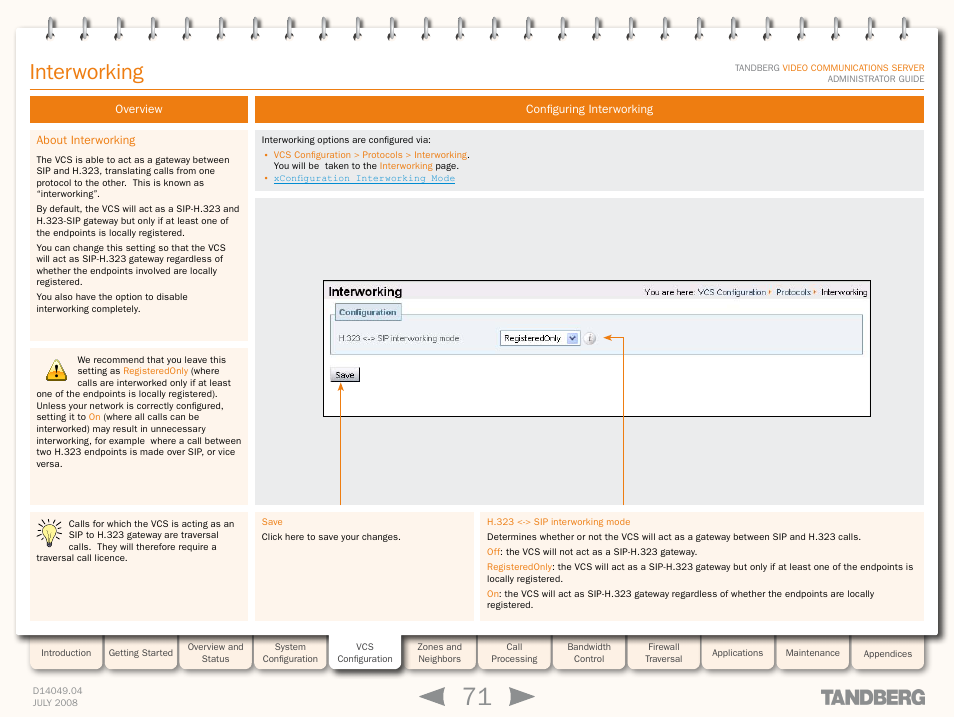 Interworking, Overview, About interworking | Configuring interworking | TANDBERG D14049.04 User Manual | Page 71 / 276