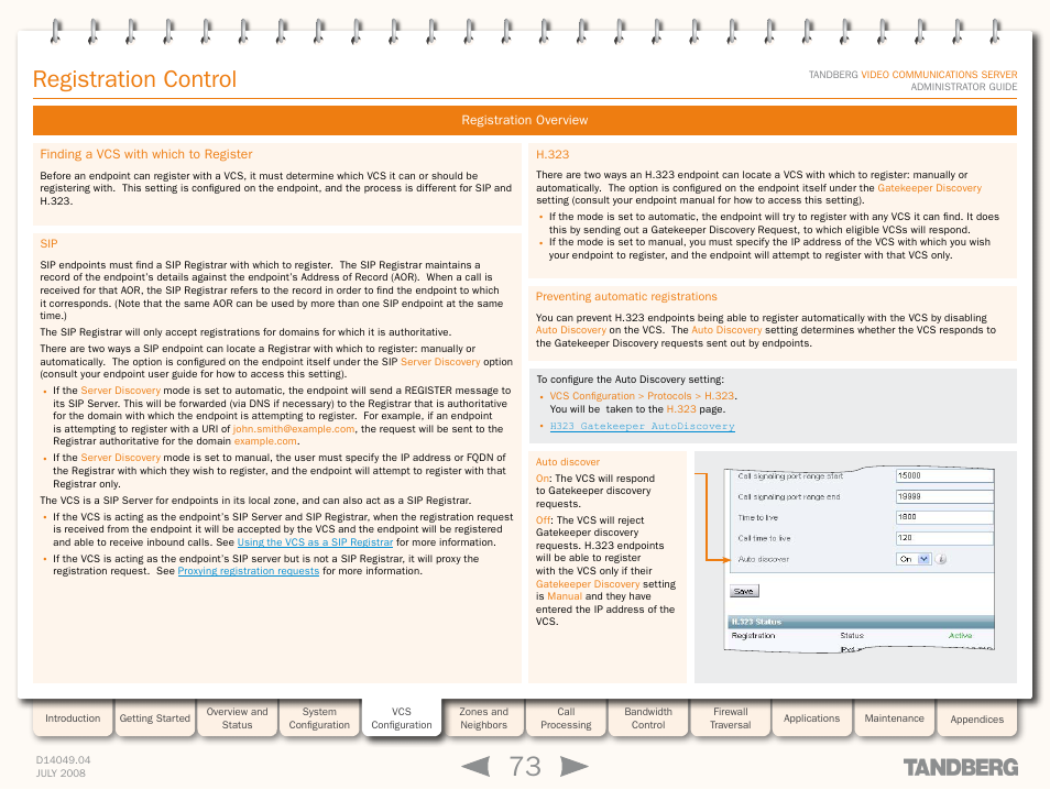 Finding a vcs with which to register, H.323, Preventing automatic registrations | Sip h.323 preventing automatic registrations, Registration control | TANDBERG D14049.04 User Manual | Page 73 / 276