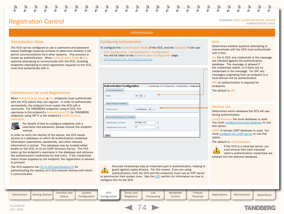 Authentication, Authentication mode, Authentication for local registrations | Configuring authentication, Authentication process, Registration control | TANDBERG D14049.04 User Manual | Page 74 / 276